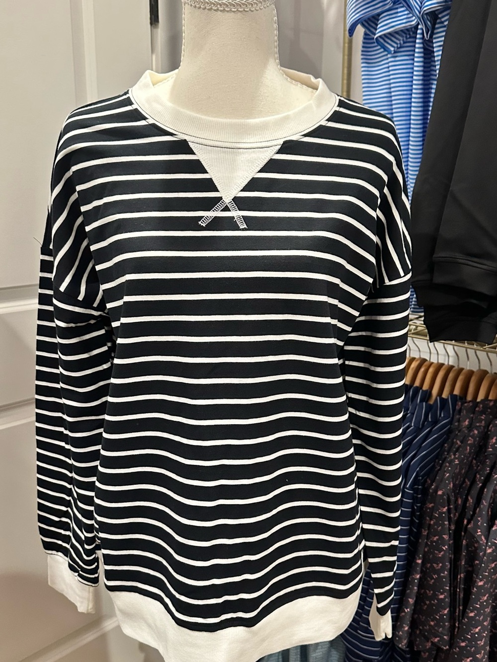 Striped Long-Sleeve Crewneck Top in Black and White small NWT